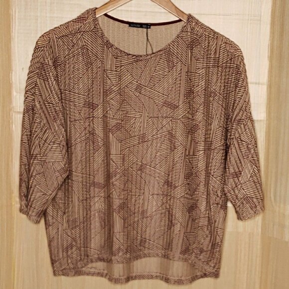 Zara Women's Brown Cream Stretchy Short Sleeve Top Small - Picture 1 of 5